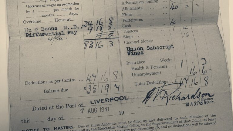 A 1941 Board of Trade seaman's account of wages, listing earnings, deductions and a master's signature