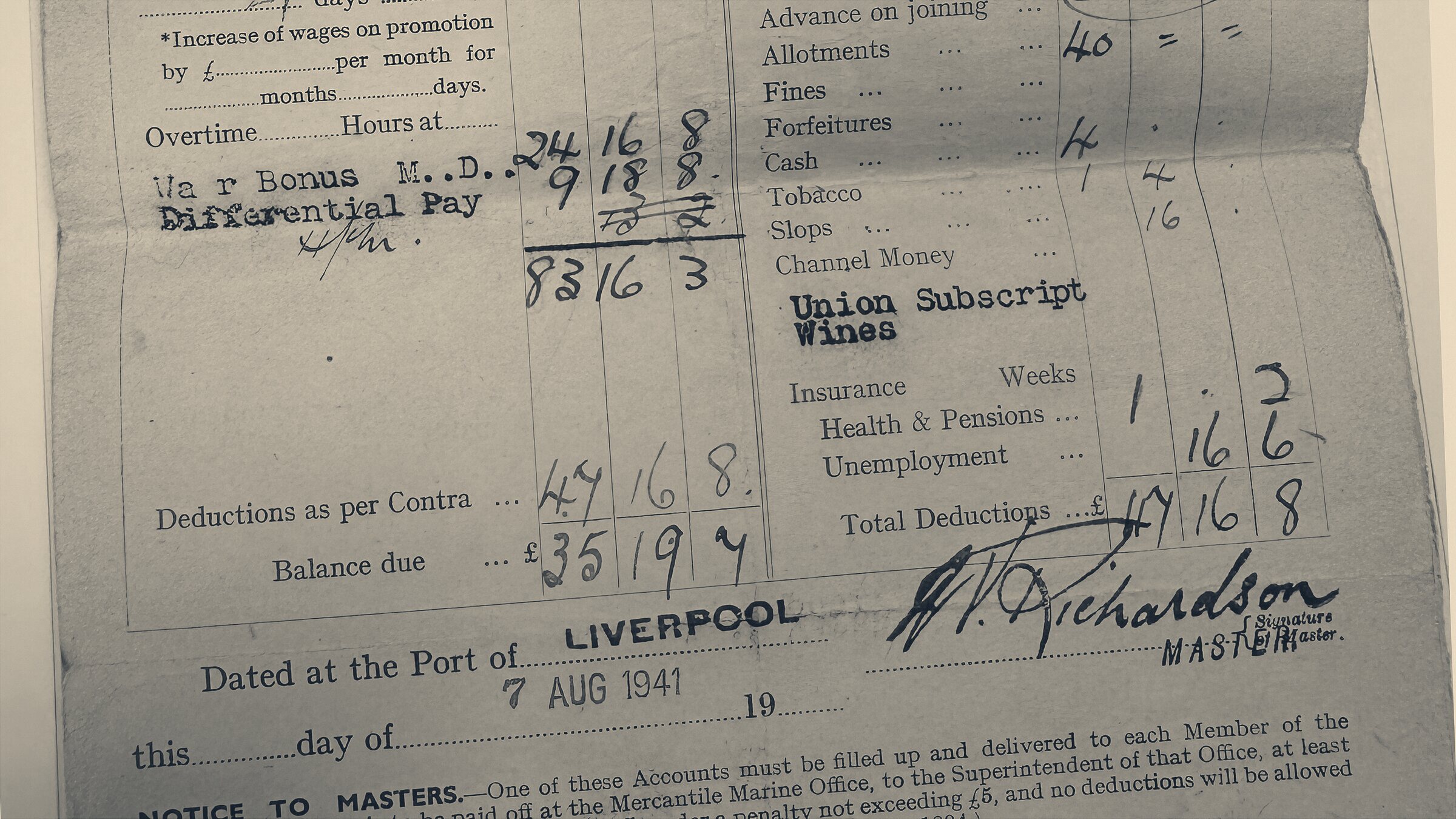 A 1941 Board of Trade seaman's account of wages, listing earnings, deductions and a master's signature