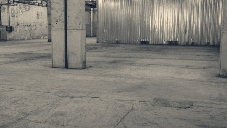 Empty warehouse interior: tyre-marked concrete floor, steel pillars and a corrugated metal wall.