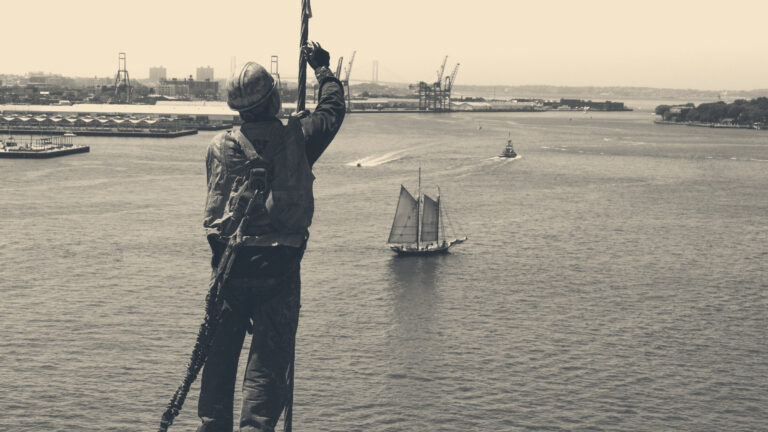A worker in a hard hat and hi-vis harness grips a rope high above a harbour, seen from behind.