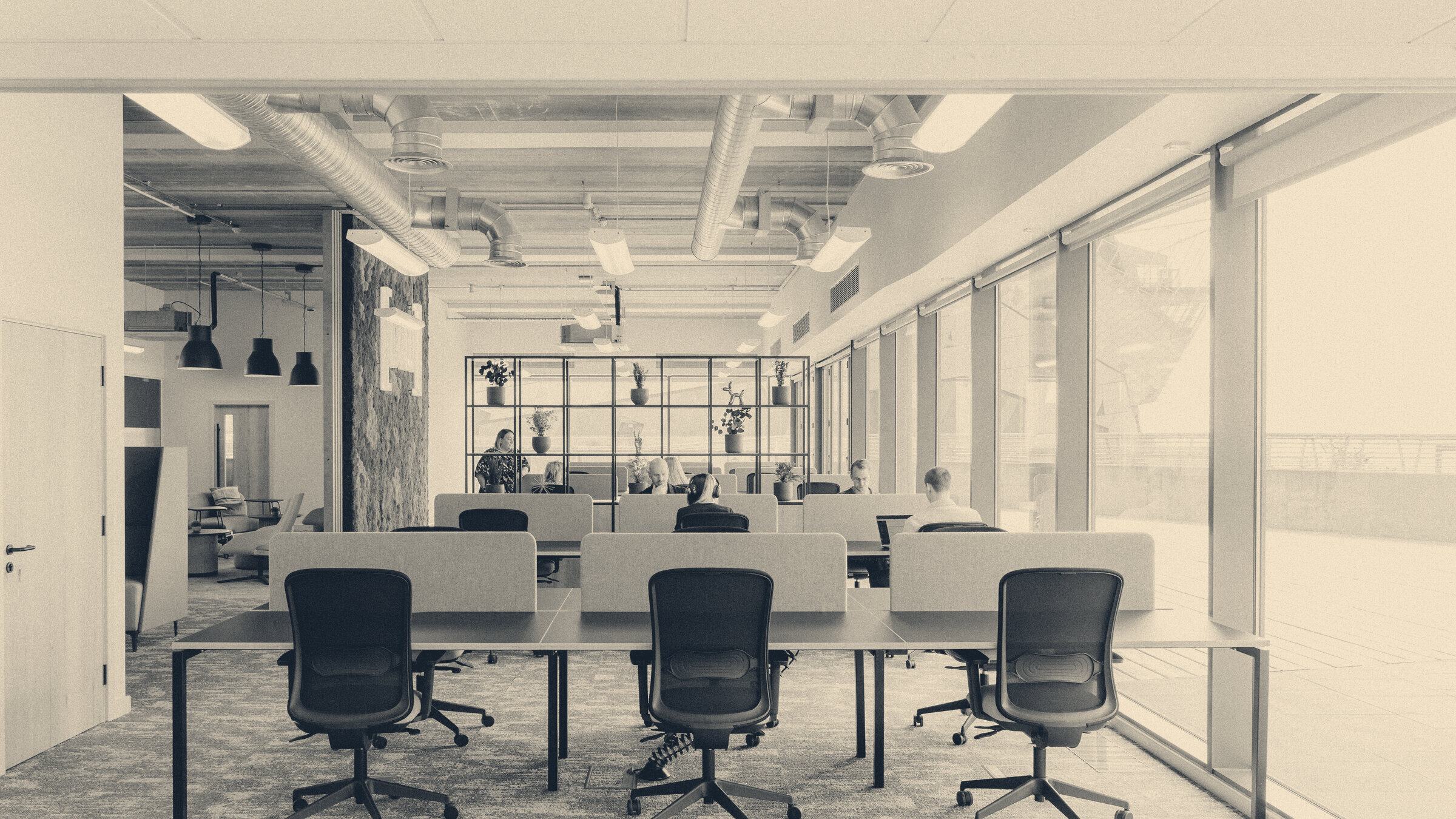 Members work at shared desks inside a bright co-working space with exposed ducts and floor-to-ceiling windows.