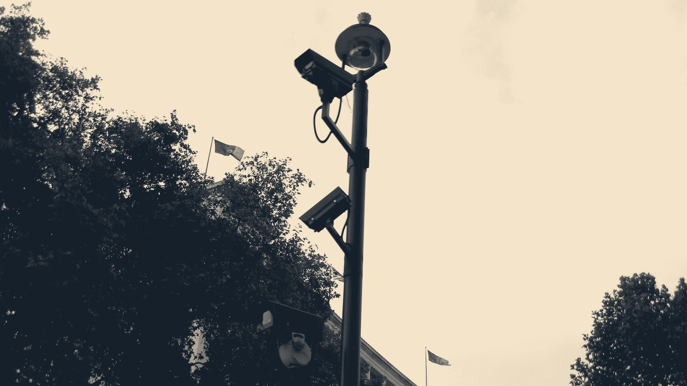 CCTV cameras on a lamp mast silhouetted against a flag-flying government building in London