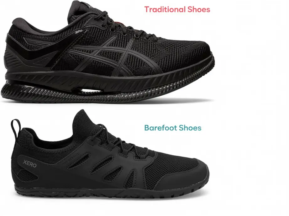 a traditional shoe next to a barefoot shoe highlighting how the barefoot shoe is lighter and healthier