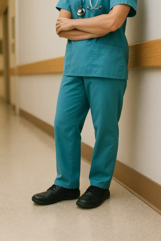Healthcare professional in traditional footwear, highlighting the need for role-specific shoe considerations.