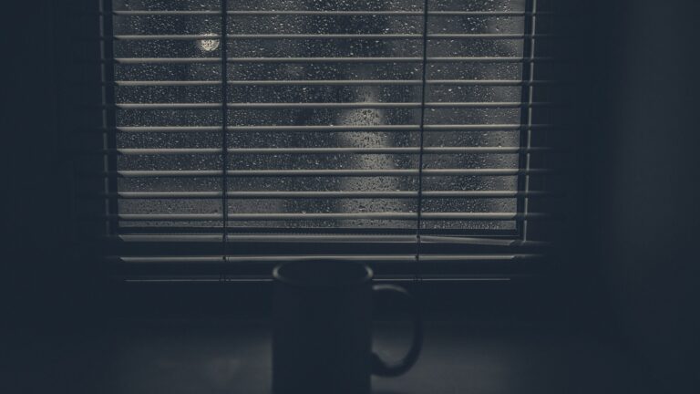 A dark mug sits on a windowsill in front of venetian blinds streaked with rain, lit by a distant streetlight.