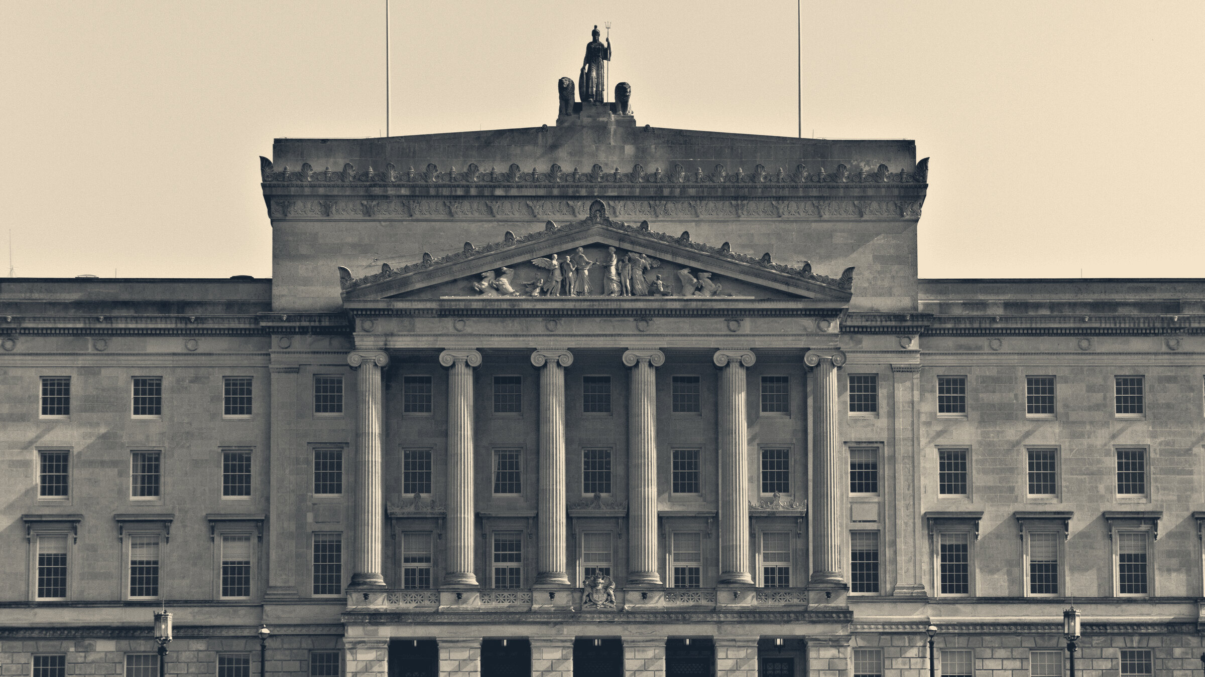 Neoclassical facade and portico of Parliament Buildings at Stormont in Belfast, seat of the Northern Ireland Assembly.